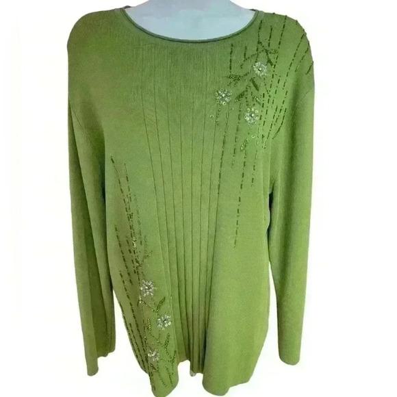 Gizel Knit Long Sleeve Green Top Embellished with Sequins & Beads Size 1X - Picture 1 of 7